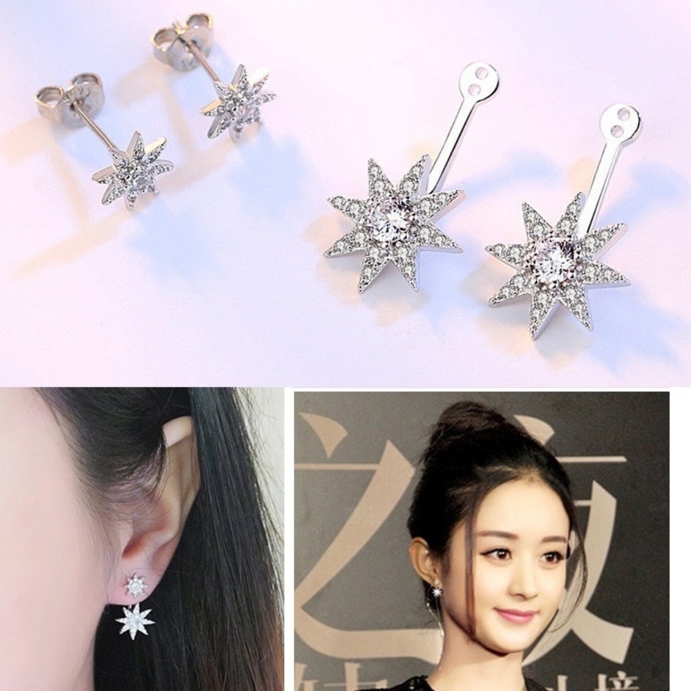 NEW CZ Cubic Zirconia Sterling Silver Sparkling Star Starburst 2 in 1 Earring